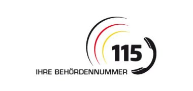 Das 115-Logo zeigt die Zahl 115, eingerahmt von zwei stilisierten Klammern. Die Klammern sind in den Farben der deutschen Flagge gehalten – außen Schwarz, in der Mitte Rot und innen Gold. Darunter steht der Text: "Ihre Behördennummer"